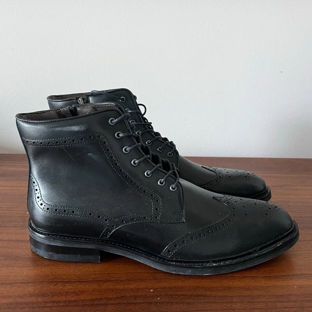 Flag Ltd Wingtip Ankle Boots Black Leather Lace Up Mens 11.5 M‎